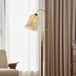 Bellvine Floor Lamp – Curved Brass & Walnut Wood with Floral Fabric Shade