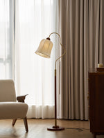 Bellvine Floor Lamp – Curved Brass & Walnut Wood with Floral Fabric Shade