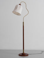 Bellvine Floor Lamp – Curved Brass & Walnut Wood with Floral Fabric Shade