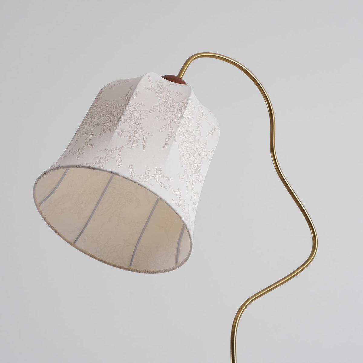 Bellvine Floor Lamp – Curved Brass & Walnut Wood with Floral Fabric Shade