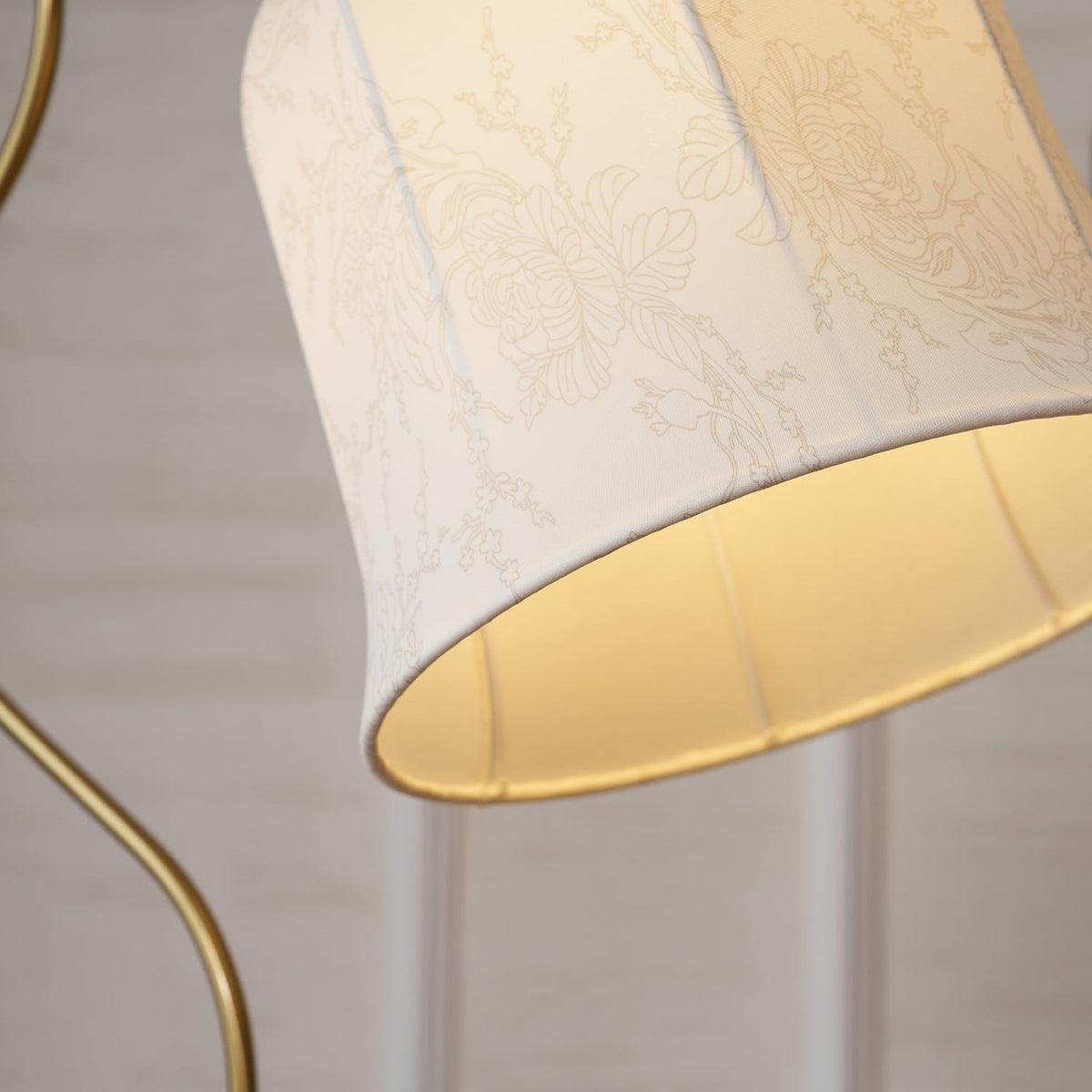 Bellvine Floor Lamp – Curved Brass & Walnut Wood with Floral Fabric Shade
