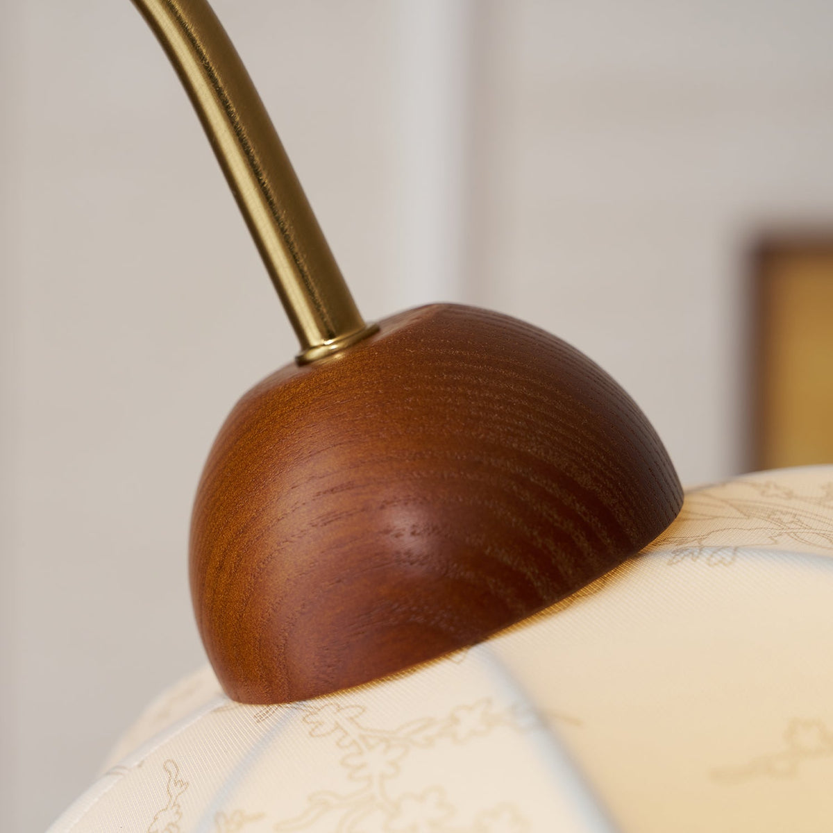 Bellvine Floor Lamp – Curved Brass & Walnut Wood with Floral Fabric Shade