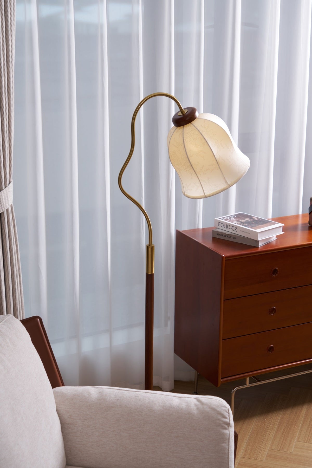 Bellvine Floor Lamp – Curved Brass & Walnut Wood with Floral Fabric Shade