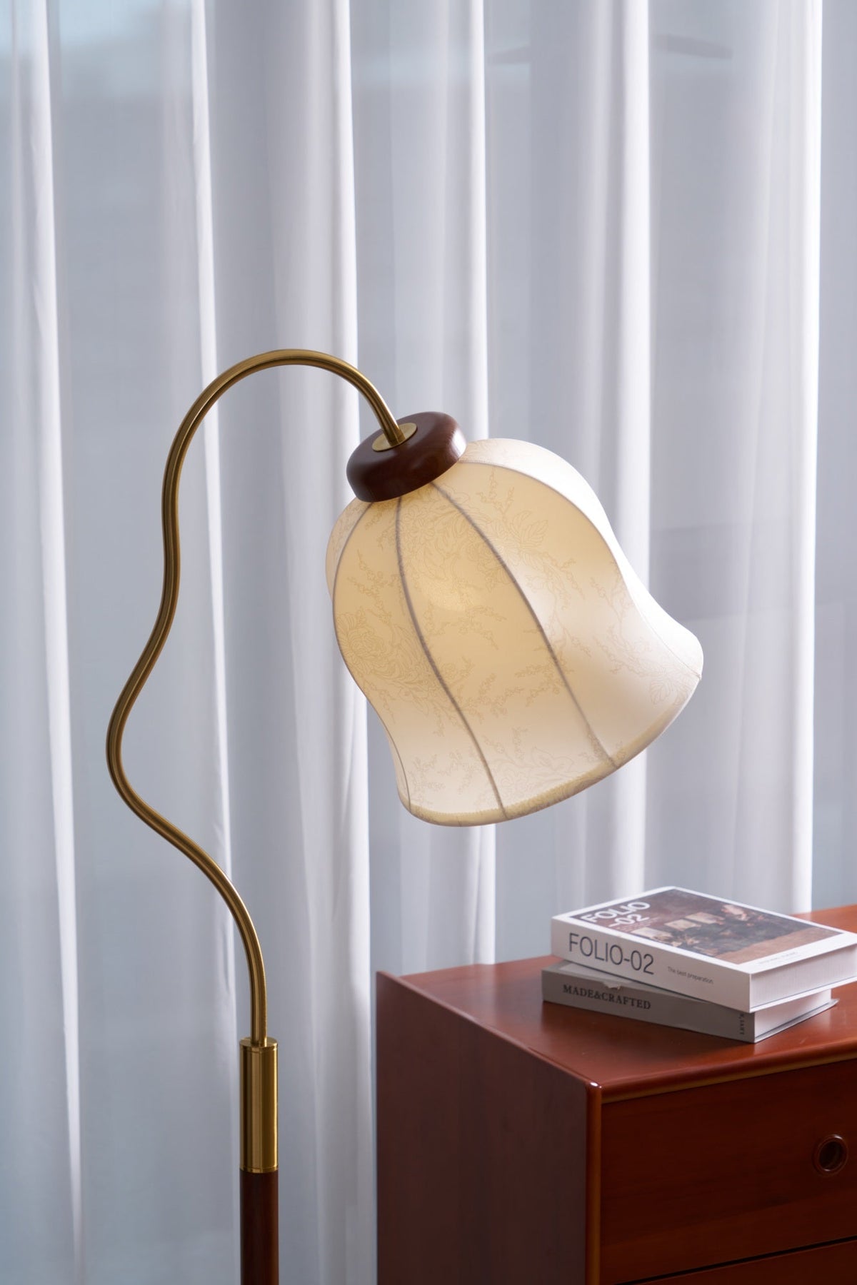 Bellvine Floor Lamp – Curved Brass & Walnut Wood with Floral Fabric Shade