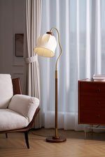 Bellvine Floor Lamp – Curved Brass & Walnut Wood with Floral Fabric Shade