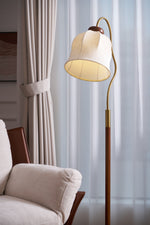 Bellvine Floor Lamp – Curved Brass & Walnut Wood with Floral Fabric Shade