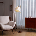 Bellvine Floor Lamp – Curved Brass & Walnut Wood with Floral Fabric Shade
