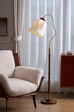 Bellvine Floor Lamp – Curved Brass & Walnut Wood with Floral Fabric Shade