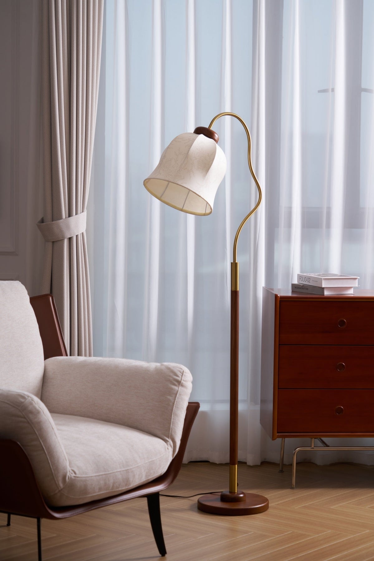 Bellvine Floor Lamp – Curved Brass & Walnut Wood with Floral Fabric Shade