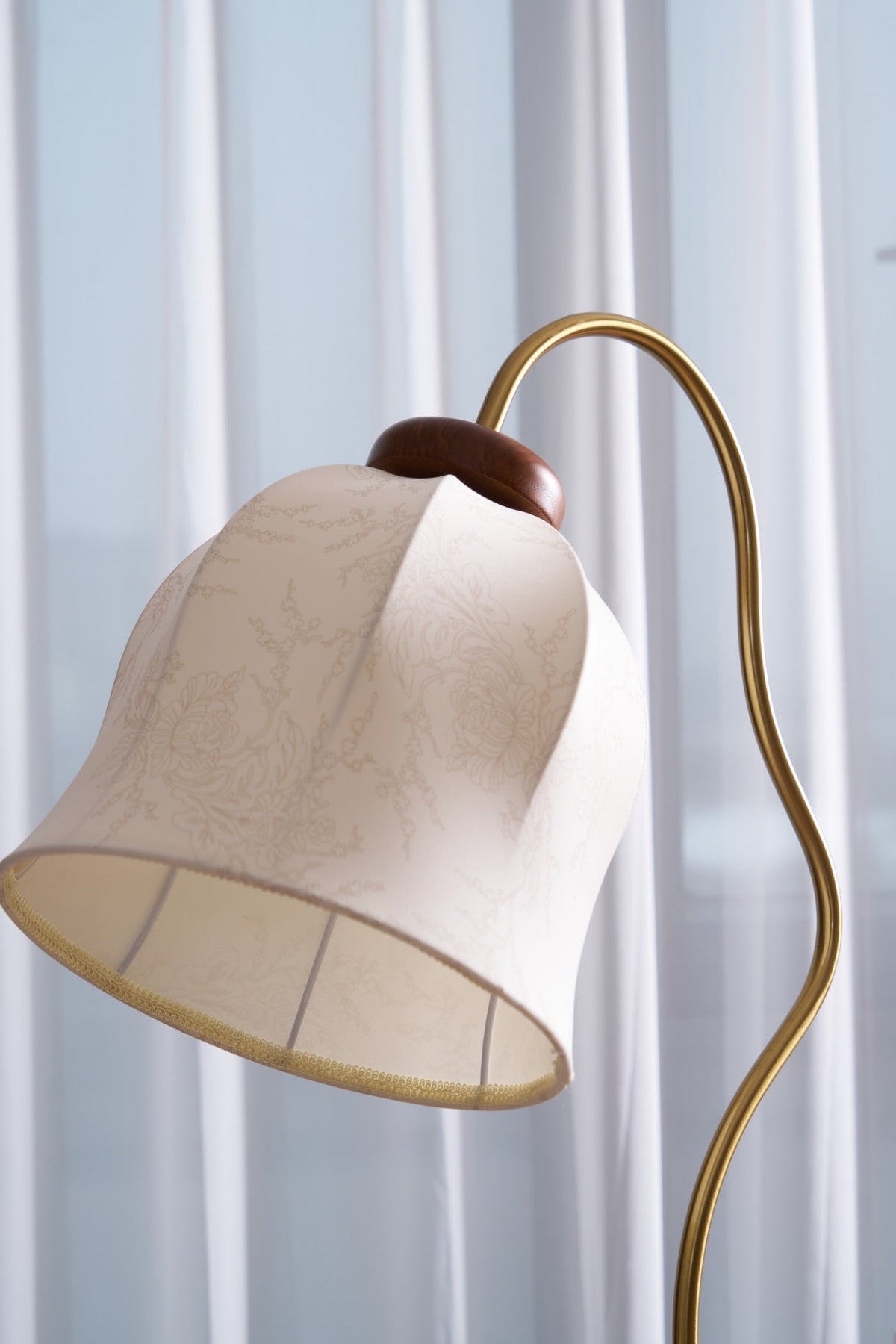Bellvine Floor Lamp – Curved Brass & Walnut Wood with Floral Fabric Shade