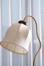 Bellvine Floor Lamp – Curved Brass & Walnut Wood with Floral Fabric Shade