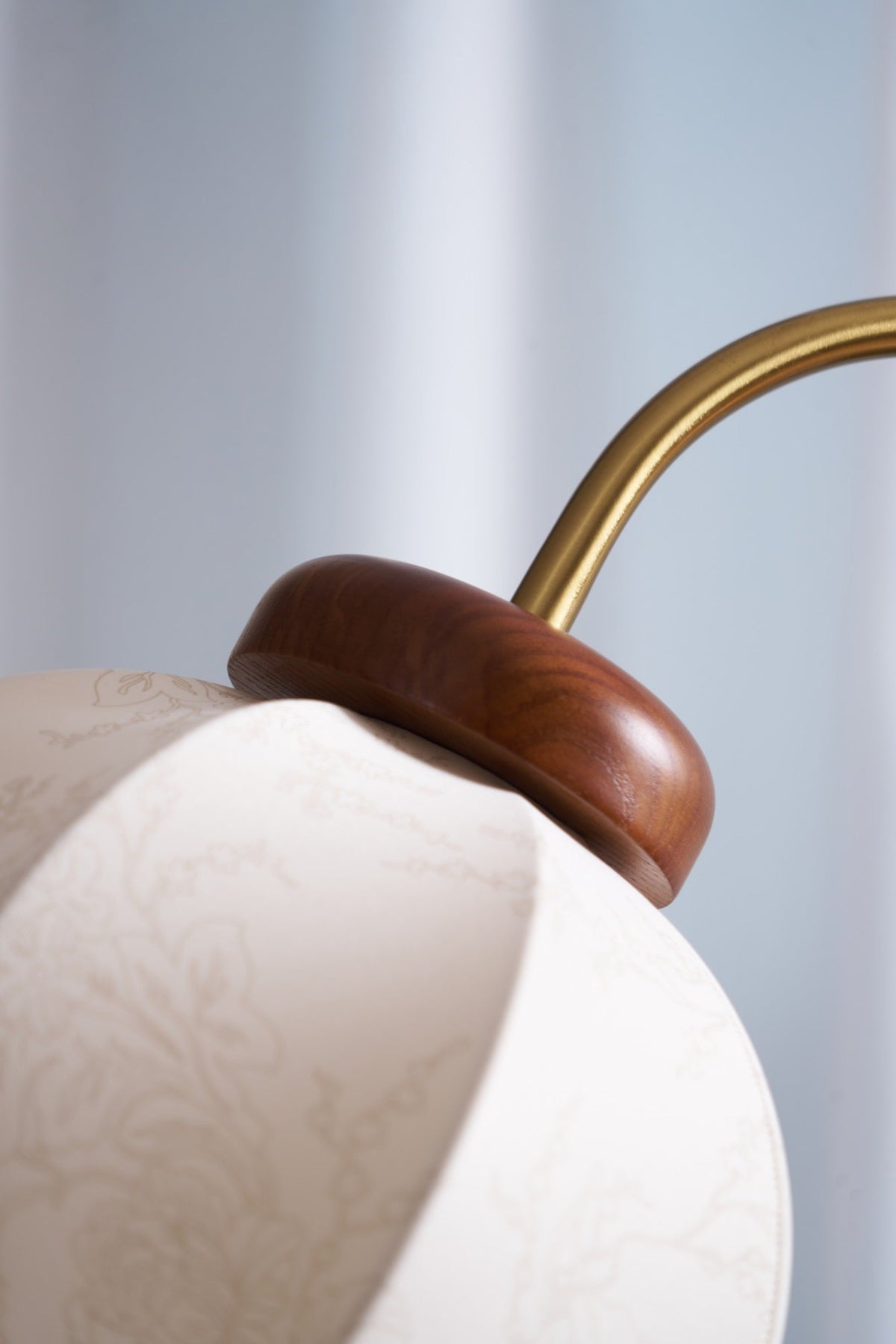 Bellvine Floor Lamp – Curved Brass & Walnut Wood with Floral Fabric Shade