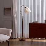 Bellvine Floor Lamp – Curved Brass & Walnut Wood with Floral Fabric Shade