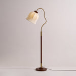 Bellvine Floor Lamp – Curved Brass & Walnut Wood with Floral Fabric Shade