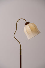 Bellvine Floor Lamp – Curved Brass & Walnut Wood with Floral Fabric Shade