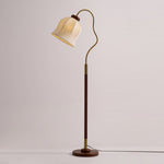 Bellvine Floor Lamp – Curved Brass & Walnut Wood with Floral Fabric Shade