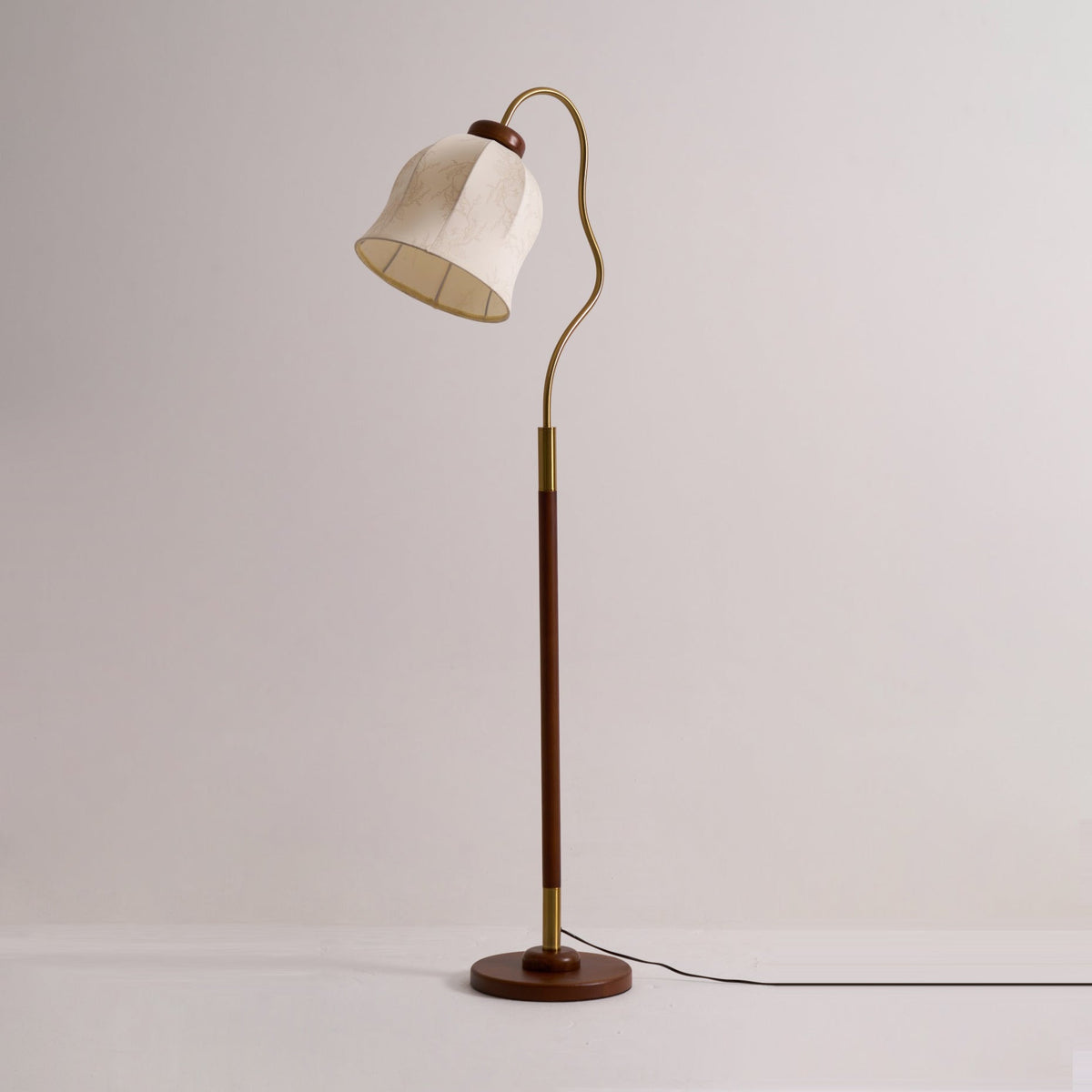 Bellvine Floor Lamp – Curved Brass & Walnut Wood with Floral Fabric Shade