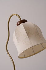 Bellvine Floor Lamp – Curved Brass & Walnut Wood with Floral Fabric Shade