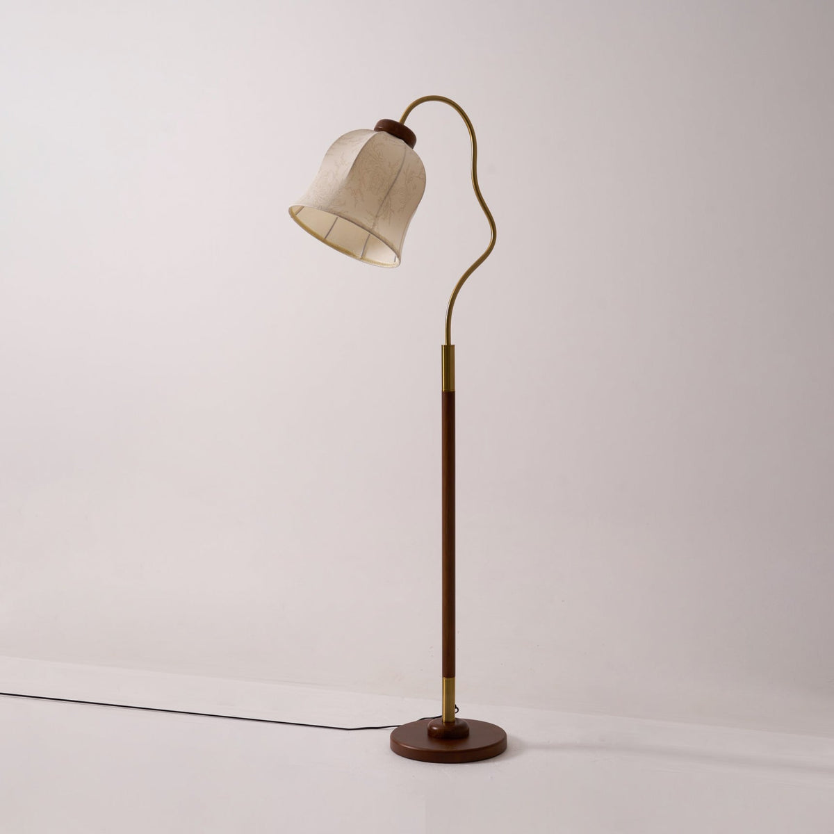 Bellvine Floor Lamp – Curved Brass & Walnut Wood with Floral Fabric Shade