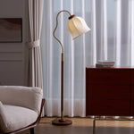 Bellvine Floor Lamp – Curved Brass & Walnut Wood with Floral Fabric Shade