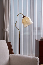 Bellvine Floor Lamp – Curved Brass & Walnut Wood with Floral Fabric Shade