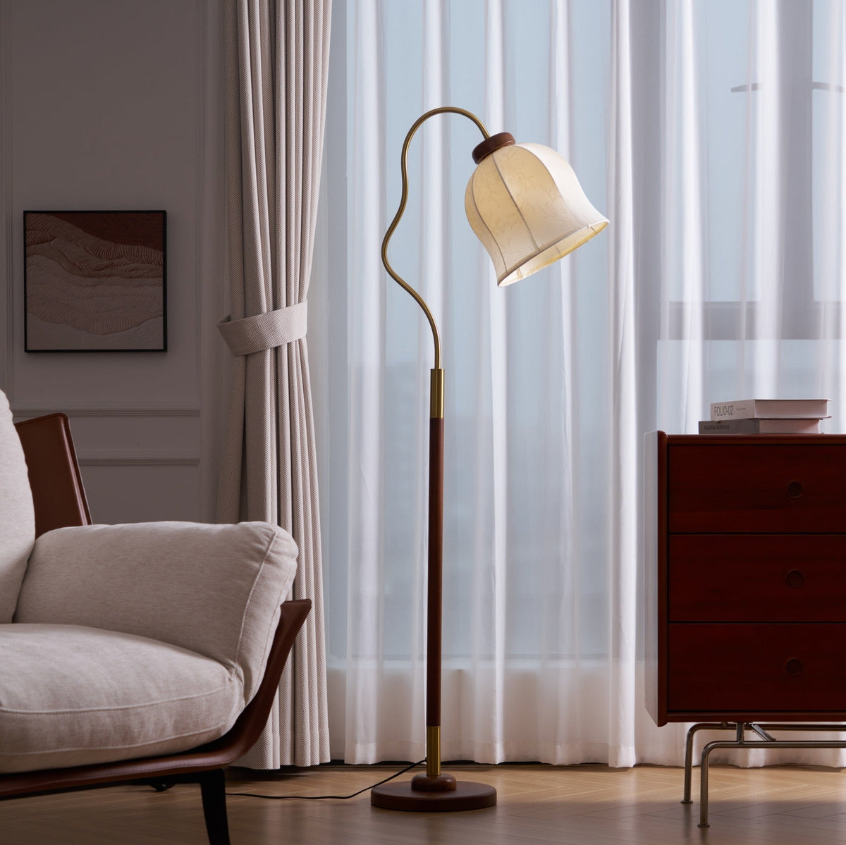 Bellvine Floor Lamp – Curved Brass & Walnut Wood with Floral Fabric Shade