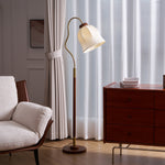 Bellvine Floor Lamp – Curved Brass & Walnut Wood with Floral Fabric Shade
