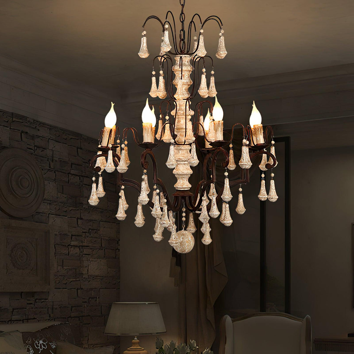 Bessie Eight-Light Vintage Wood and Metal Chandelier for Dining and Living Spaces