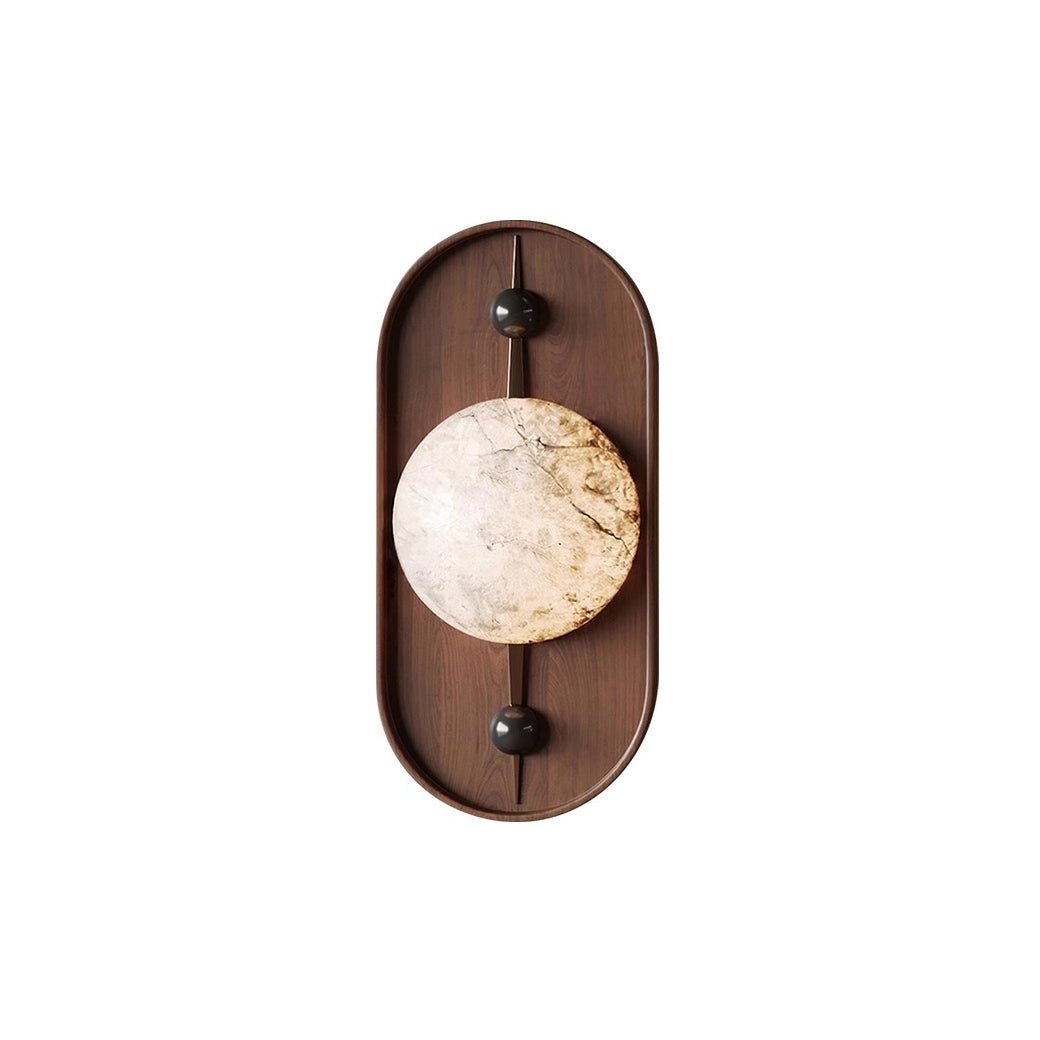 Bezel Alabaster Plug-In Wall Sconce with Walnut Accent