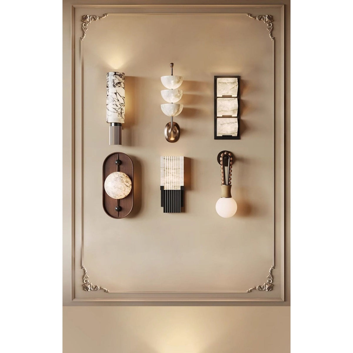 Bezel Alabaster Plug-In Wall Sconce with Walnut Accent