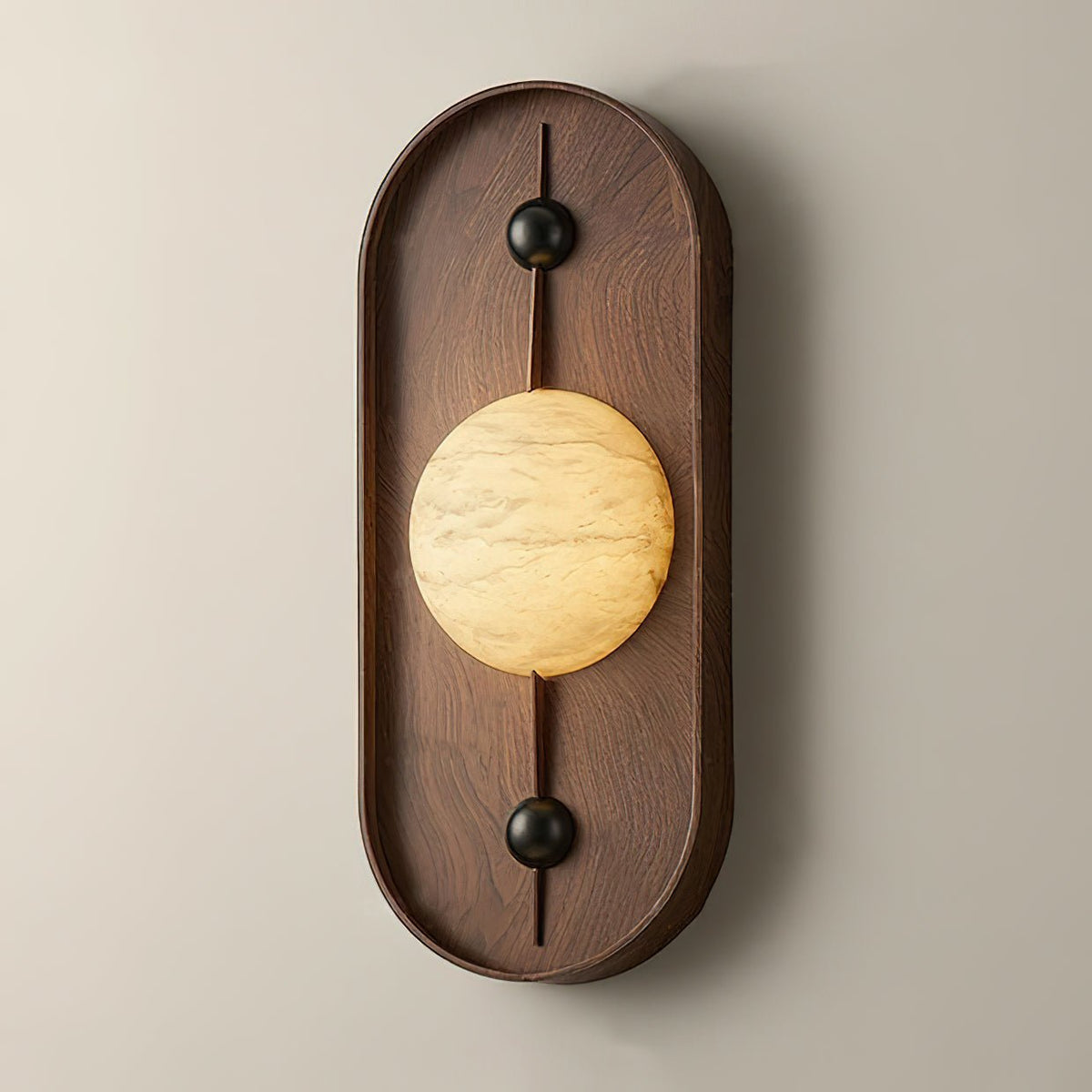 Bezel Alabaster Plug-In Wall Sconce with Walnut Accent