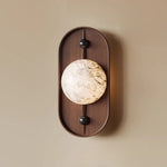 Bezel Alabaster Plug-In Wall Sconce with Walnut Accent