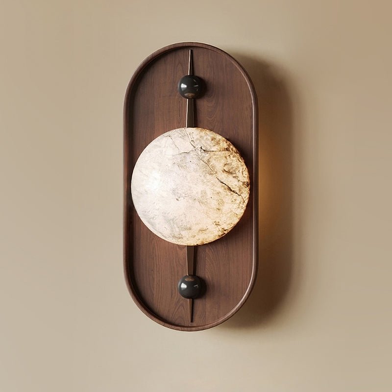 Bezel Alabaster Plug-In Wall Sconce with Walnut Accent