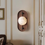 Bezel Alabaster Plug-In Wall Sconce with Walnut Accent
