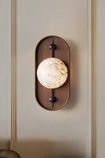 Bezel Alabaster Plug-In Wall Sconce with Walnut Accent