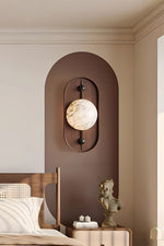 Bezel Alabaster Plug-In Wall Sconce with Walnut Accent