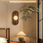 Bezel Alabaster Plug-In Wall Sconce with Walnut Accent