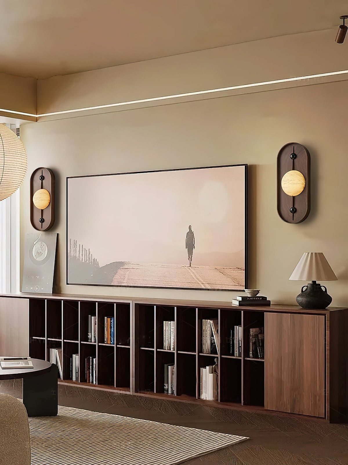 Bezel Alabaster Plug-In Wall Sconce with Walnut Accent