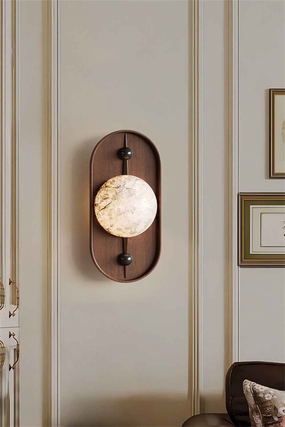 Bezel Alabaster Plug-In Wall Sconce with Walnut Accent
