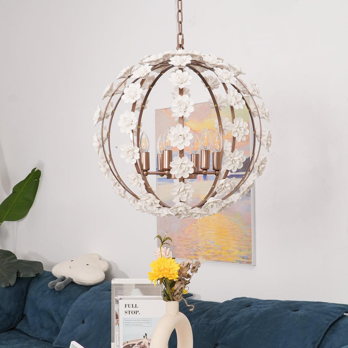 Bianca Floral Orb Chandelier – Ceramic Flower Pendant Light for Elegant Interiors