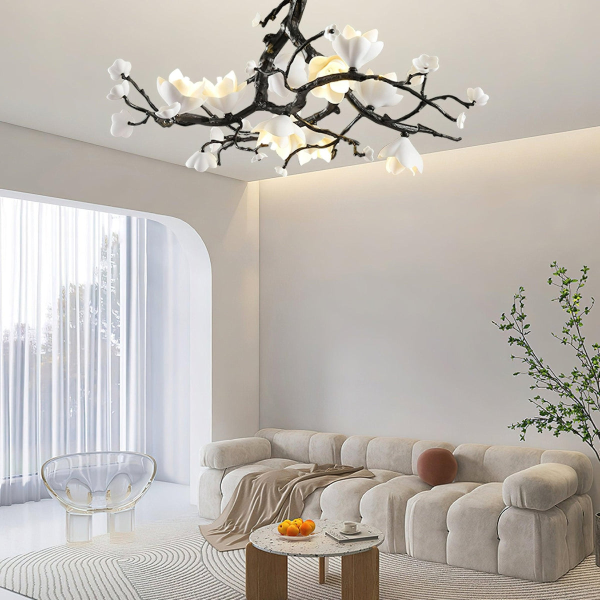 Black Copper Tree Chandelier — Organic Branch LED Chandelier with Ceramic Flowers