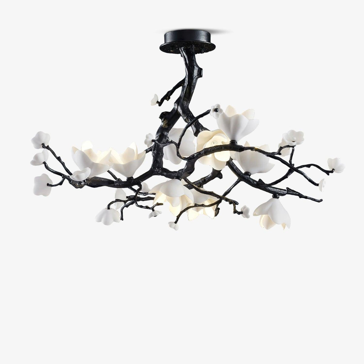 Black Copper Tree Chandelier — Organic Branch LED Chandelier with Ceramic Flowers
