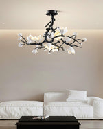 Black Copper Tree Chandelier — Organic Branch LED Chandelier with Ceramic Flowers