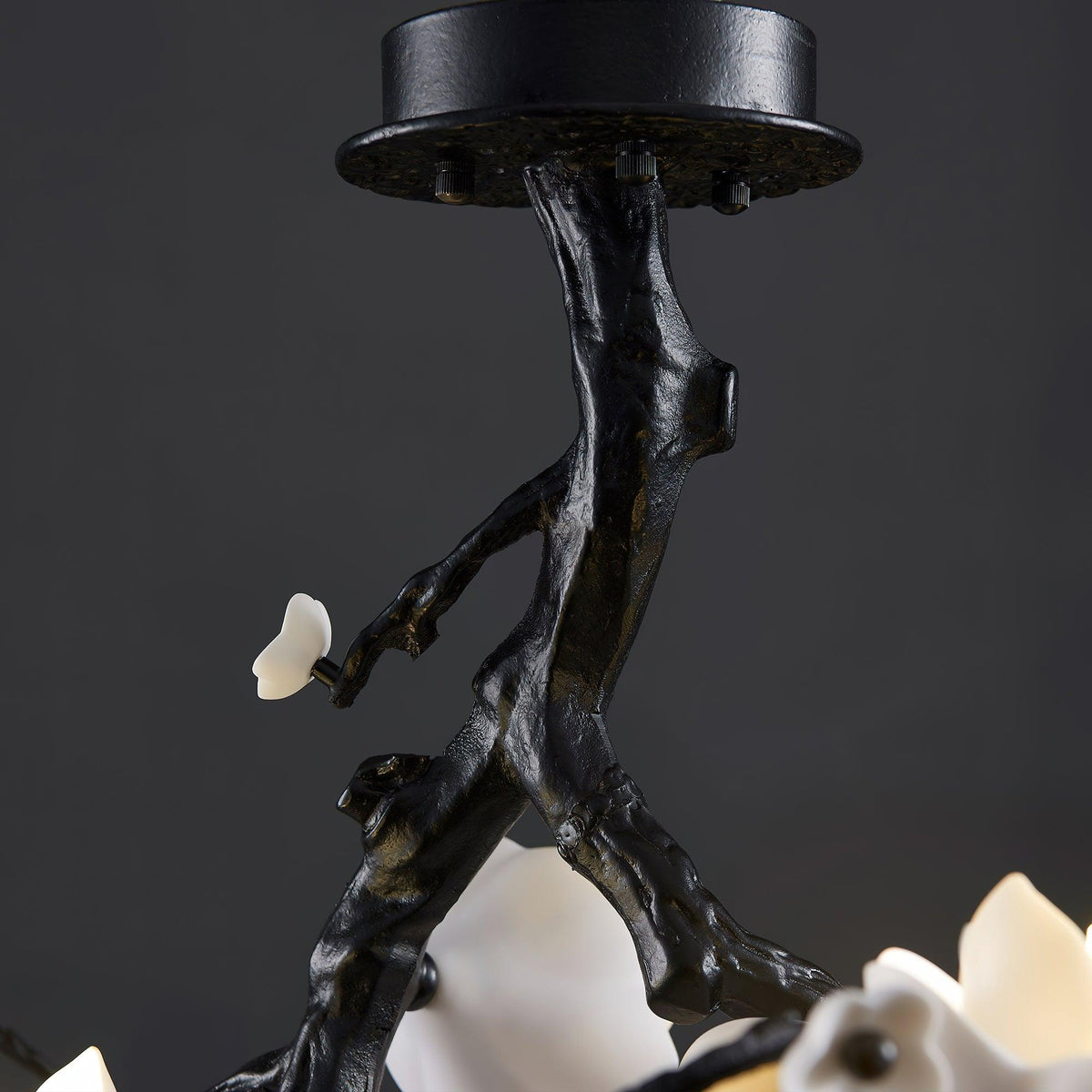 Black Copper Tree Chandelier — Organic Branch LED Chandelier with Ceramic Flowers
