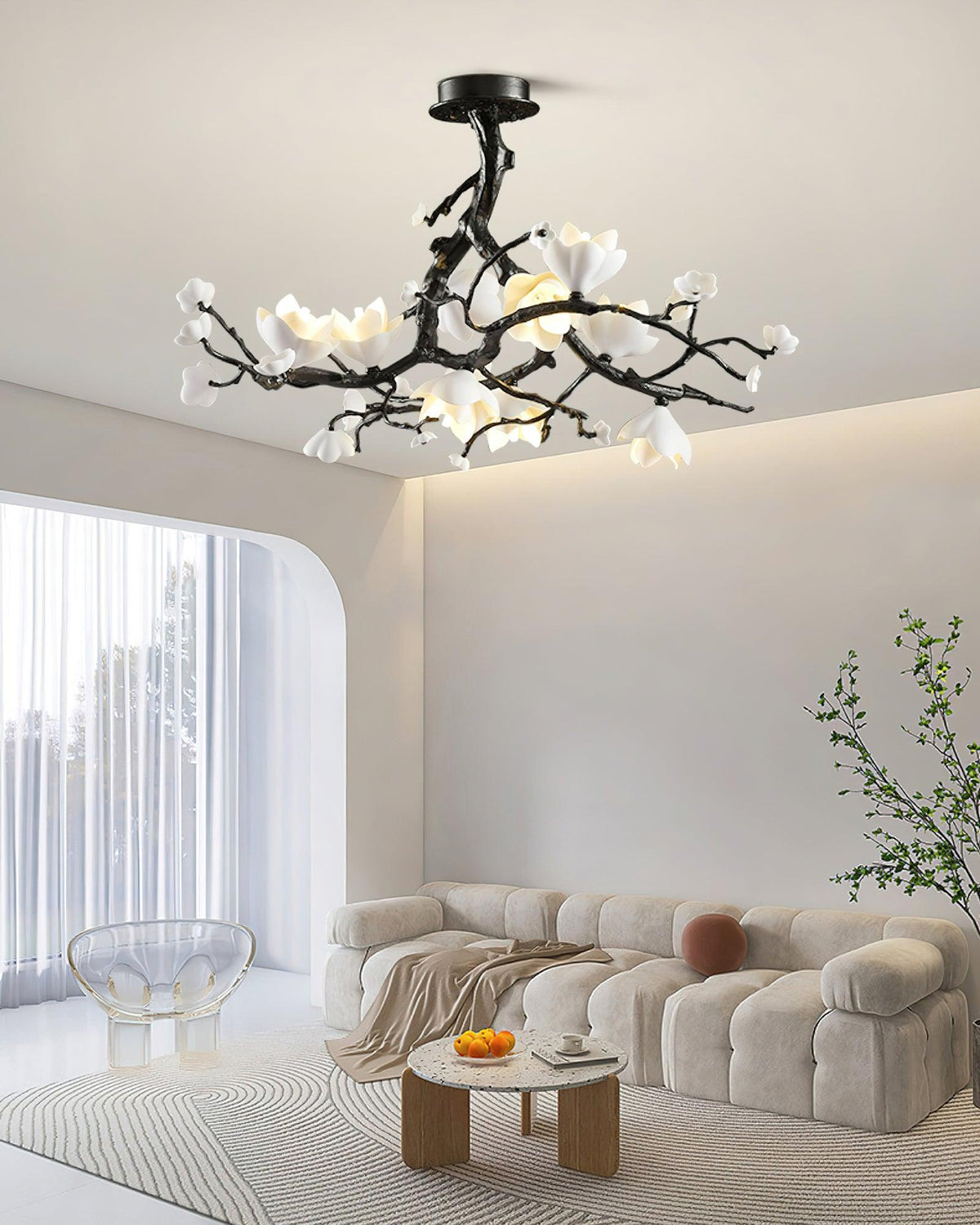Black Copper Tree Chandelier — Organic Branch LED Chandelier with Ceramic Flowers