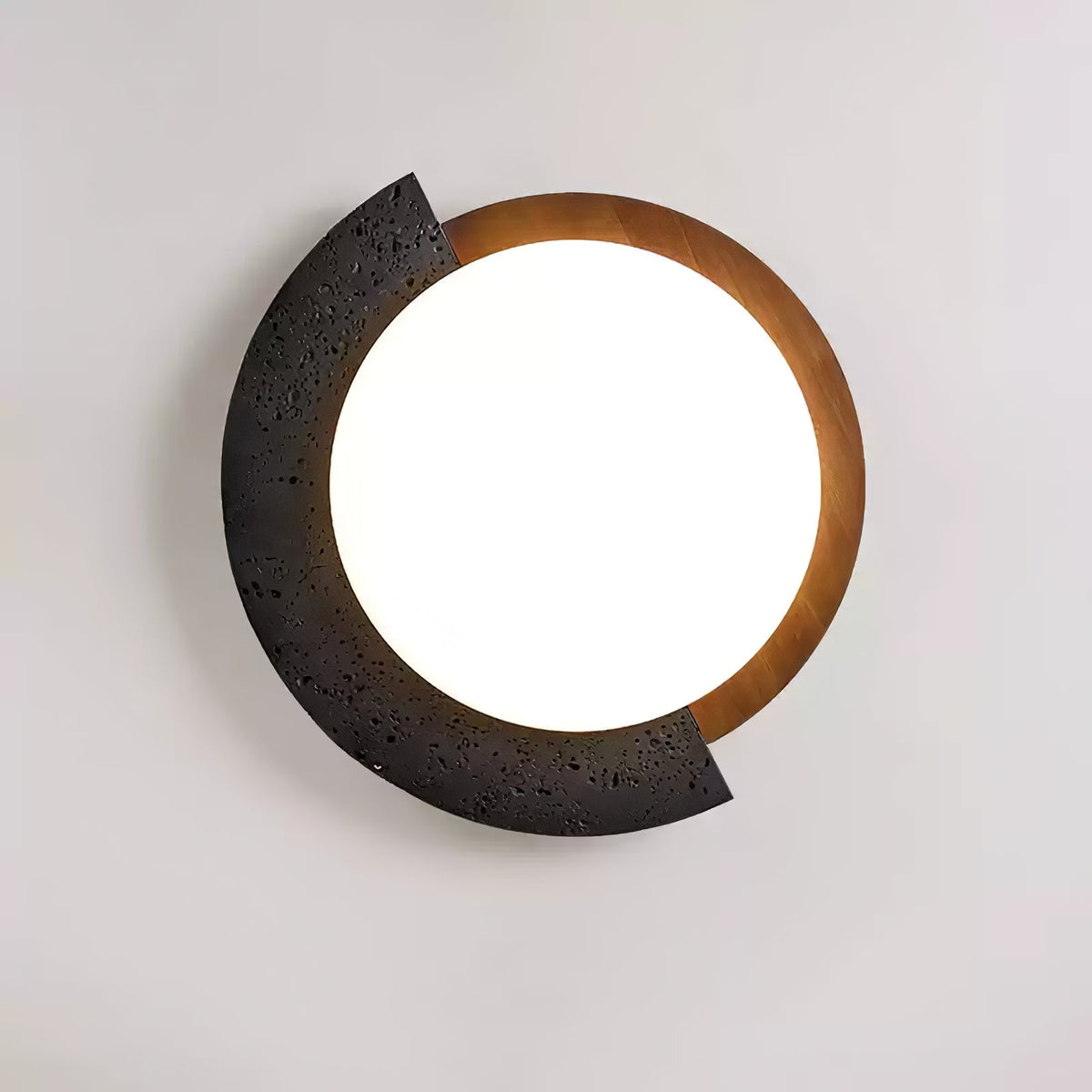 Black Travertine Ceiling Light with Walnut Accent – Modern Flush Mount LED