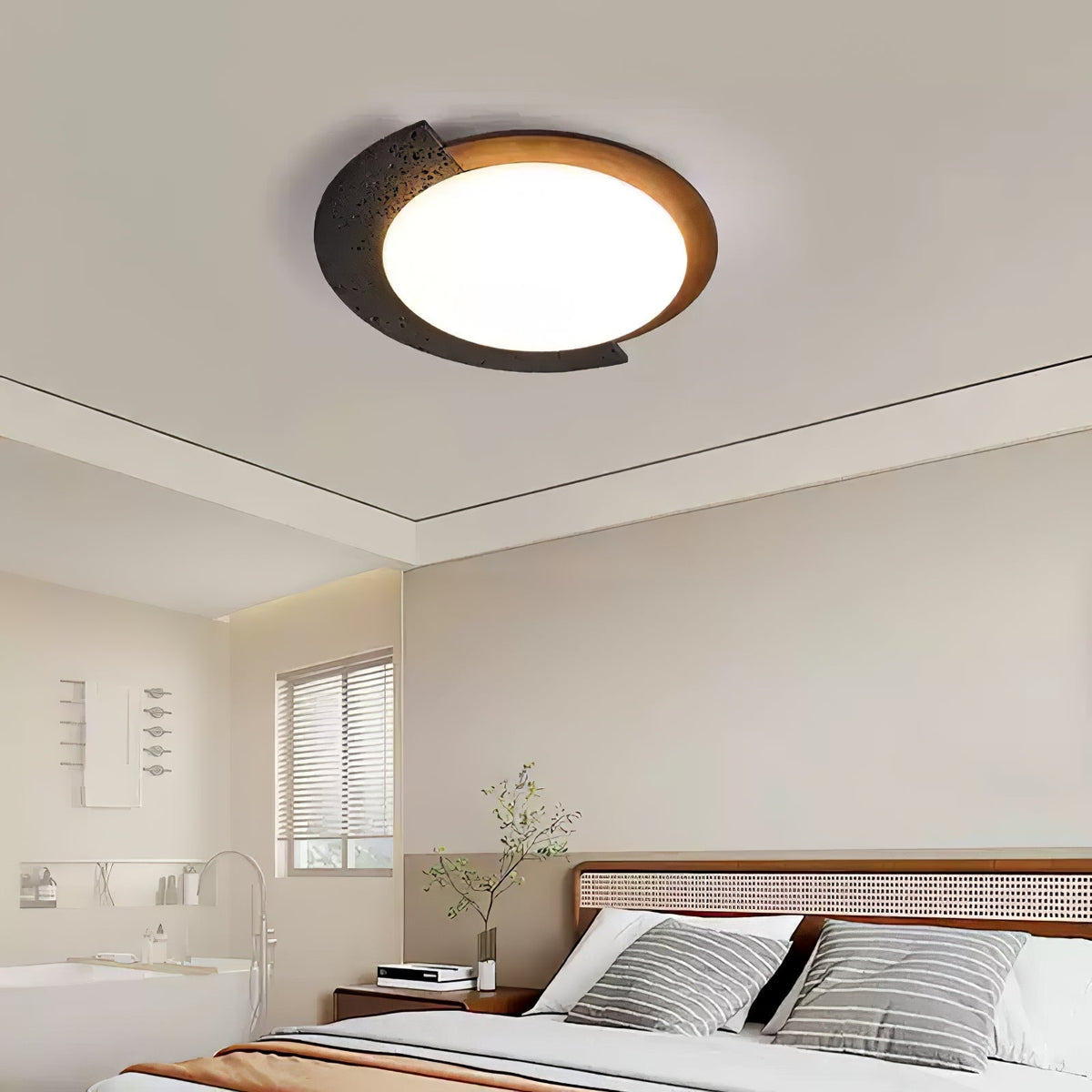 Black Travertine Ceiling Light with Walnut Accent – Modern Flush Mount LED