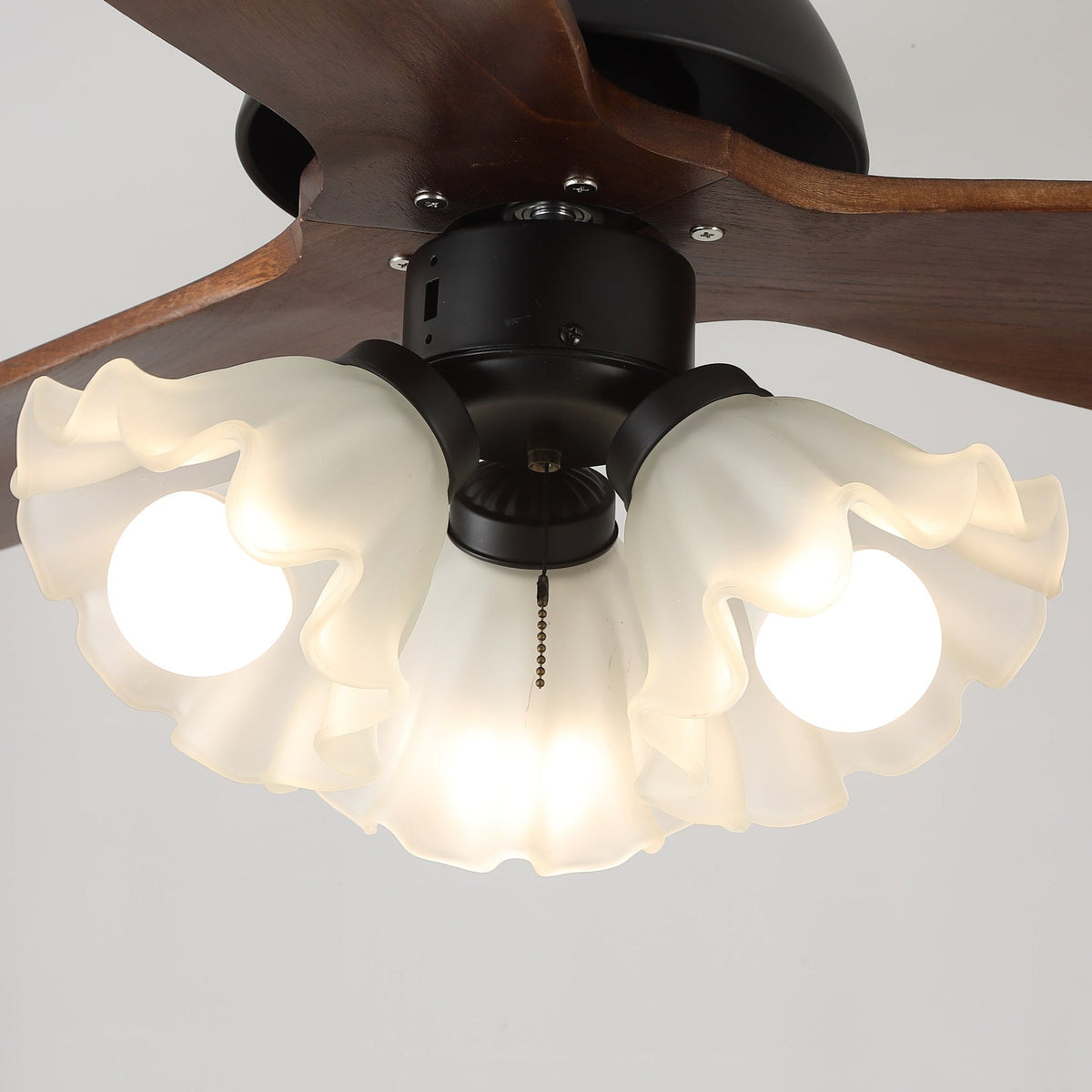 Bloom Air Ceiling Fan Light with Wooden Blades and Glass Shade