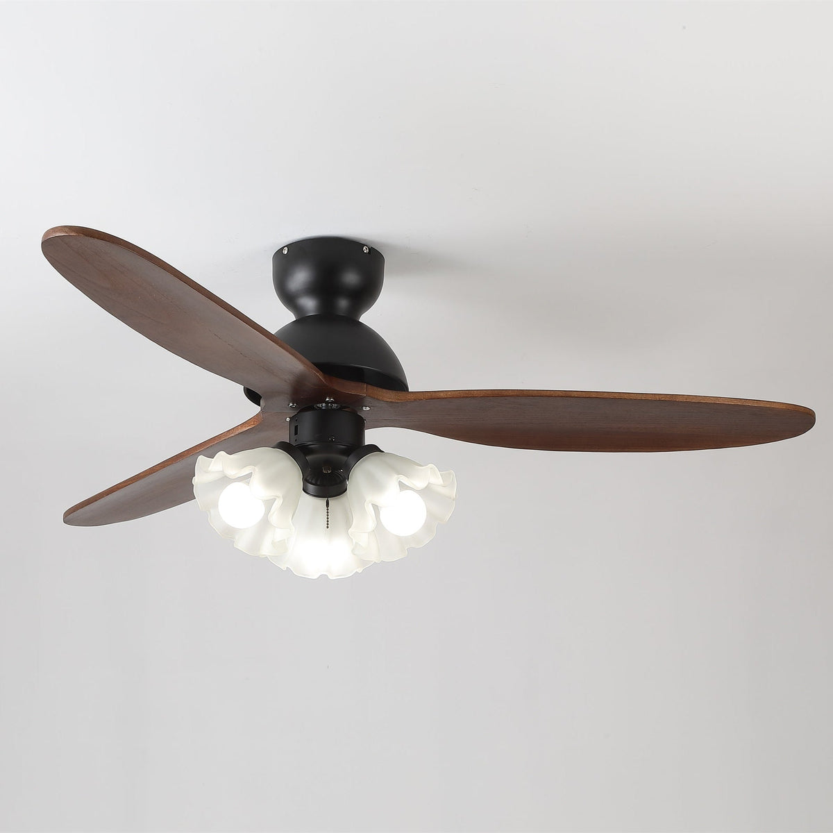 Bloom Air Ceiling Fan Light with Wooden Blades and Glass Shade