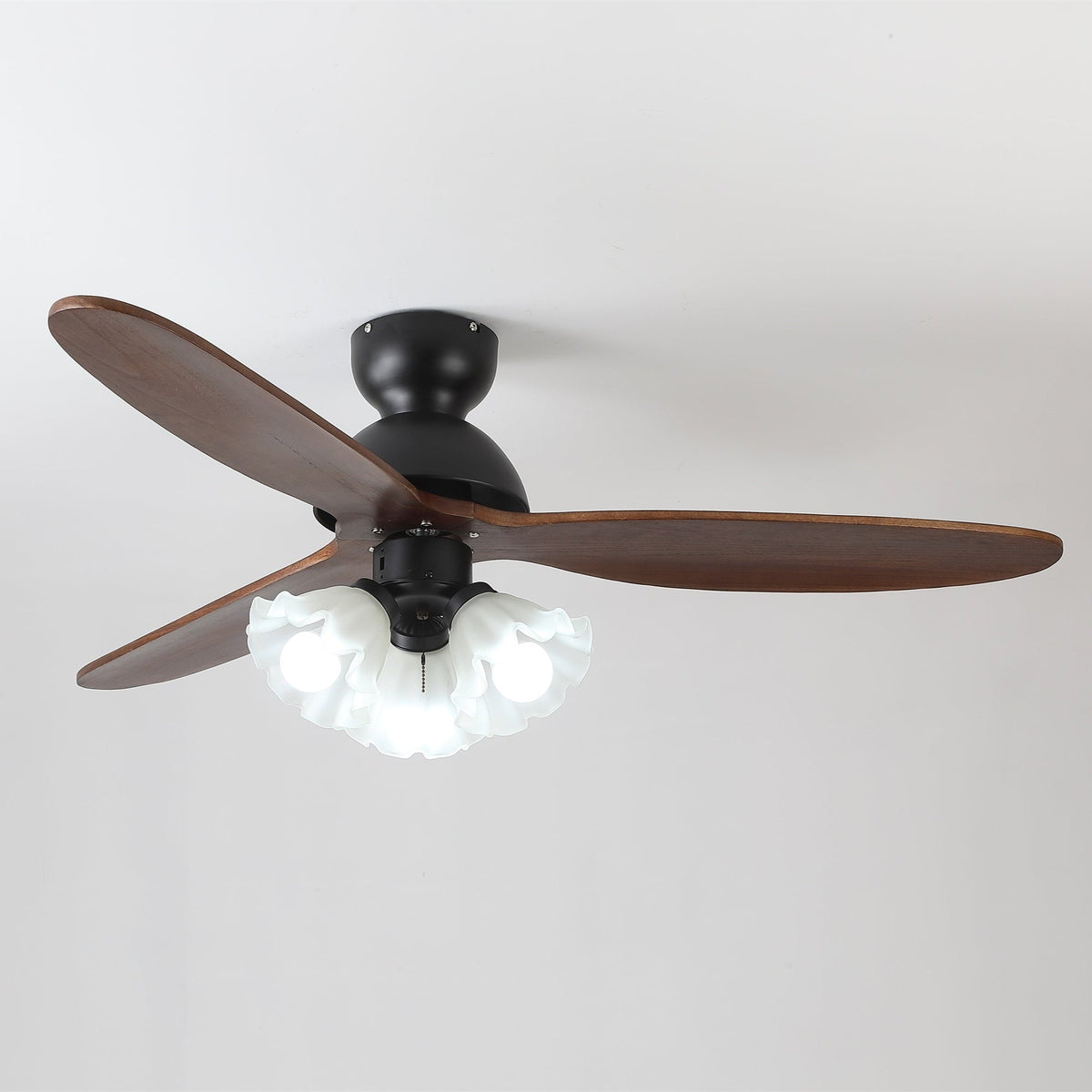 Bloom Air Ceiling Fan Light with Wooden Blades and Glass Shade